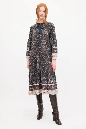 Black & Multi Silk Floral Tier Midi Dress