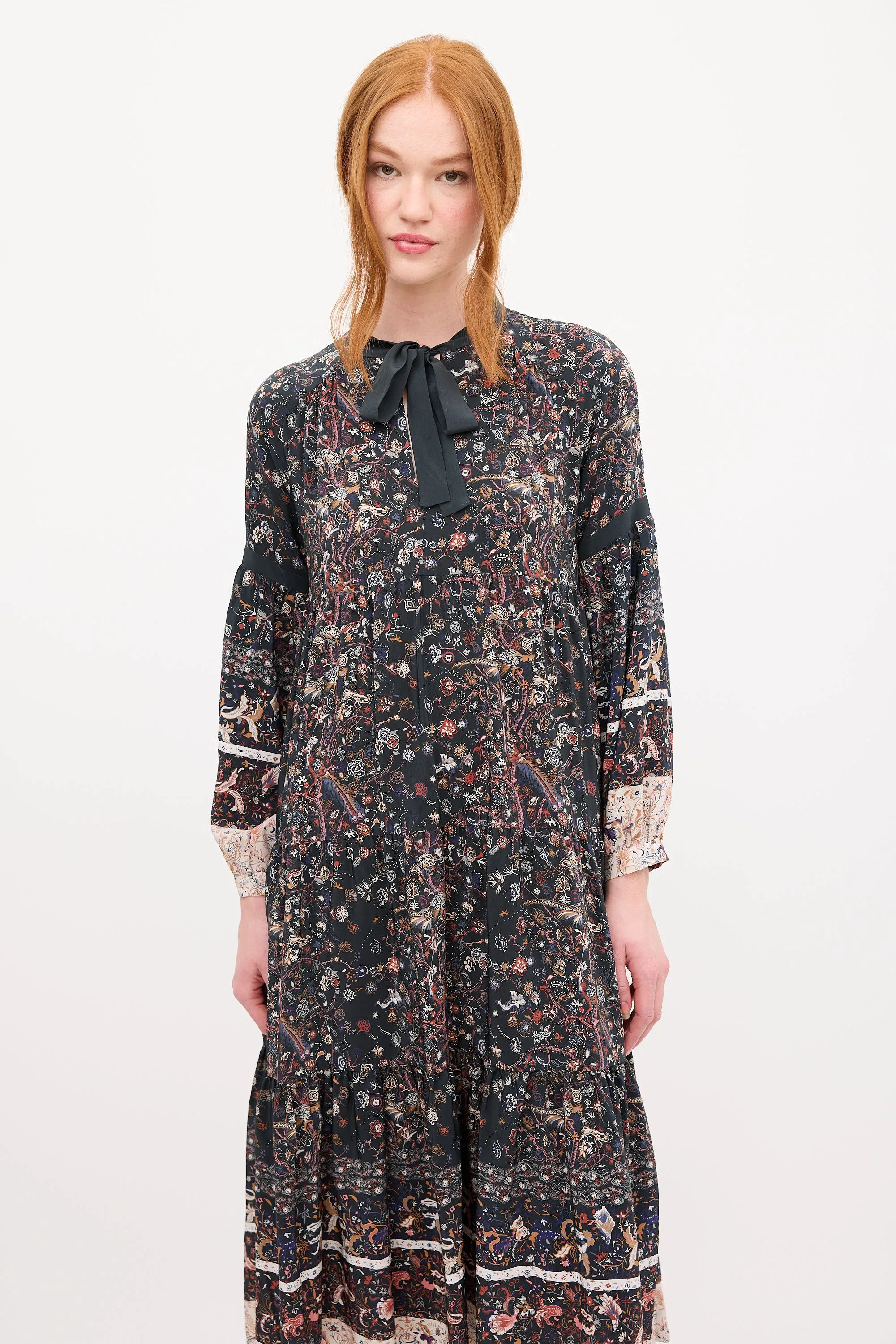 Black & Multi Silk Floral Tier Midi Dress