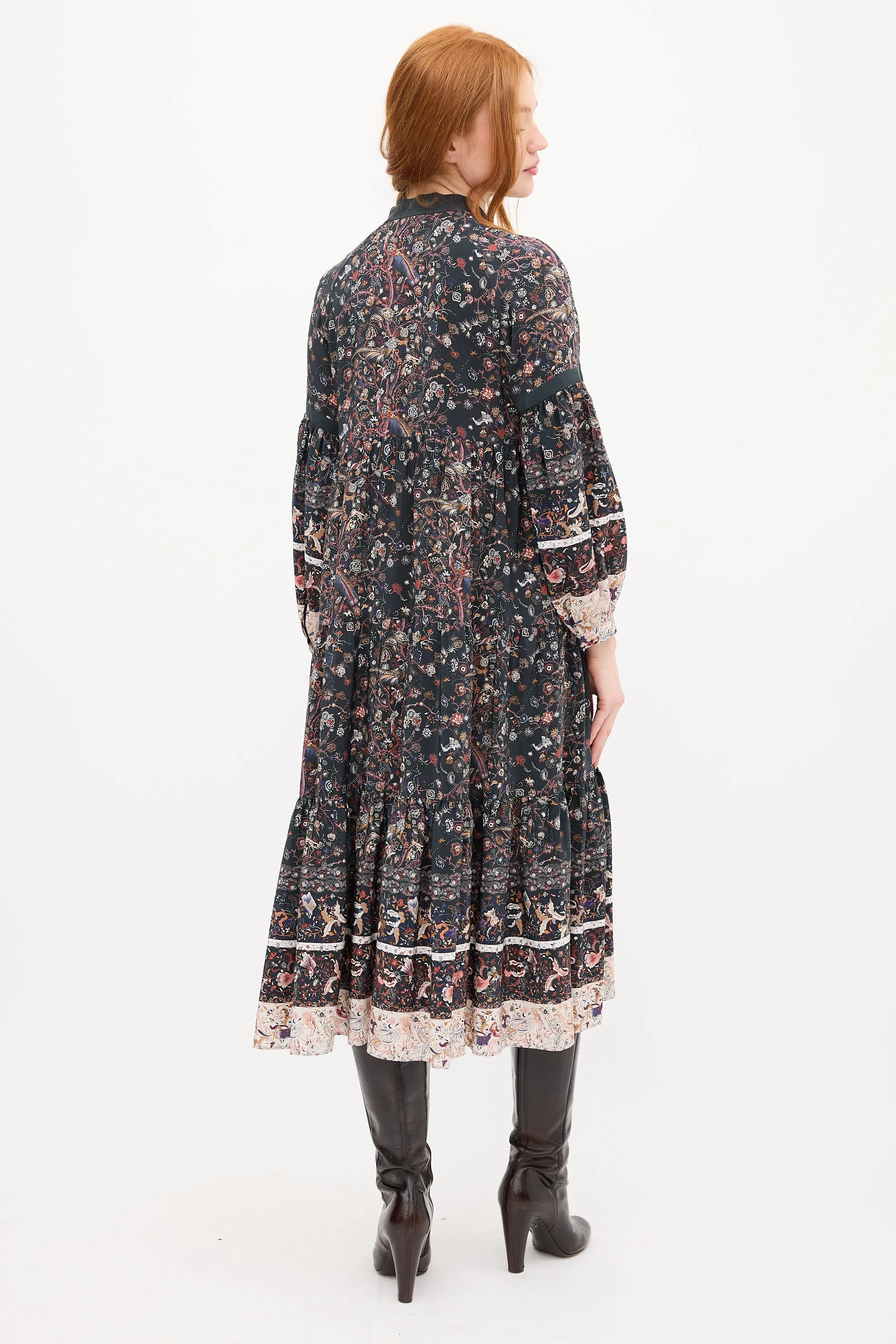 Black & Multi Silk Floral Tier Midi Dress