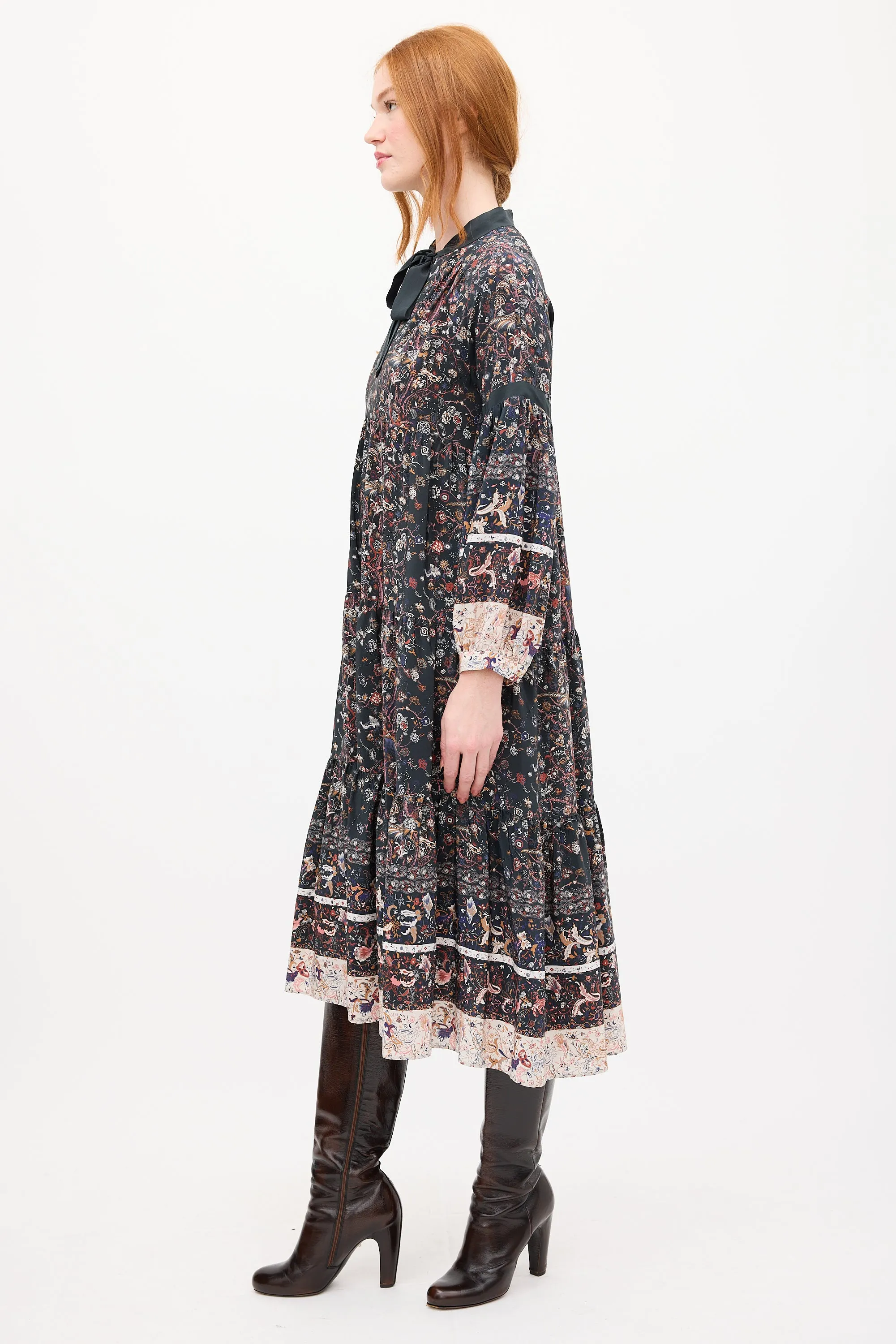Black & Multi Silk Floral Tier Midi Dress