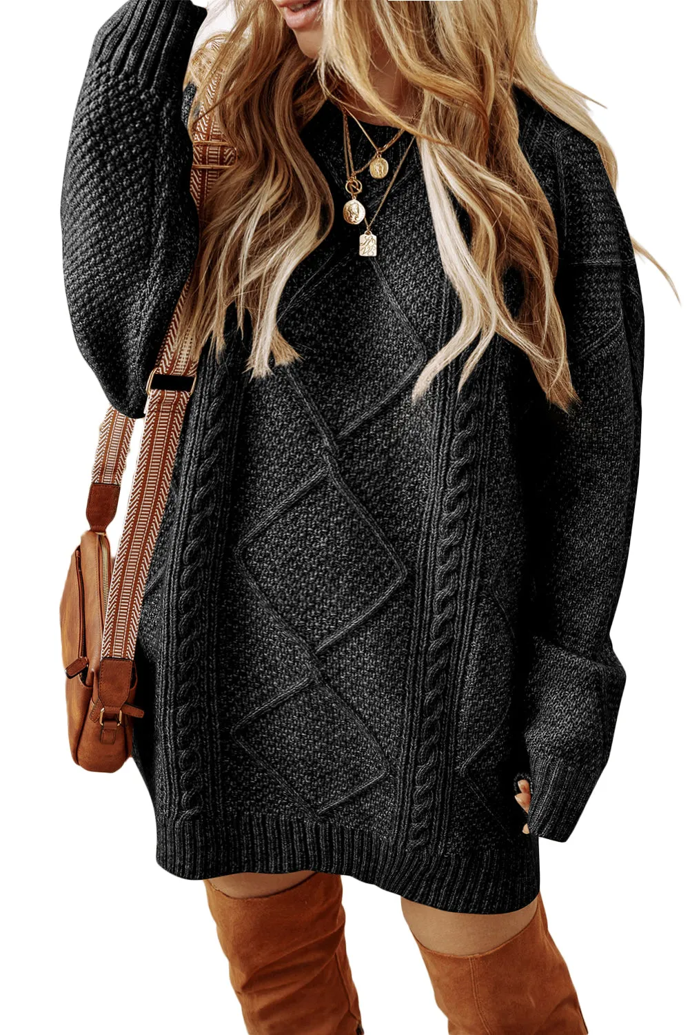 Black Cable Knit Drop Shoulder Loose Fit Sweater Dress