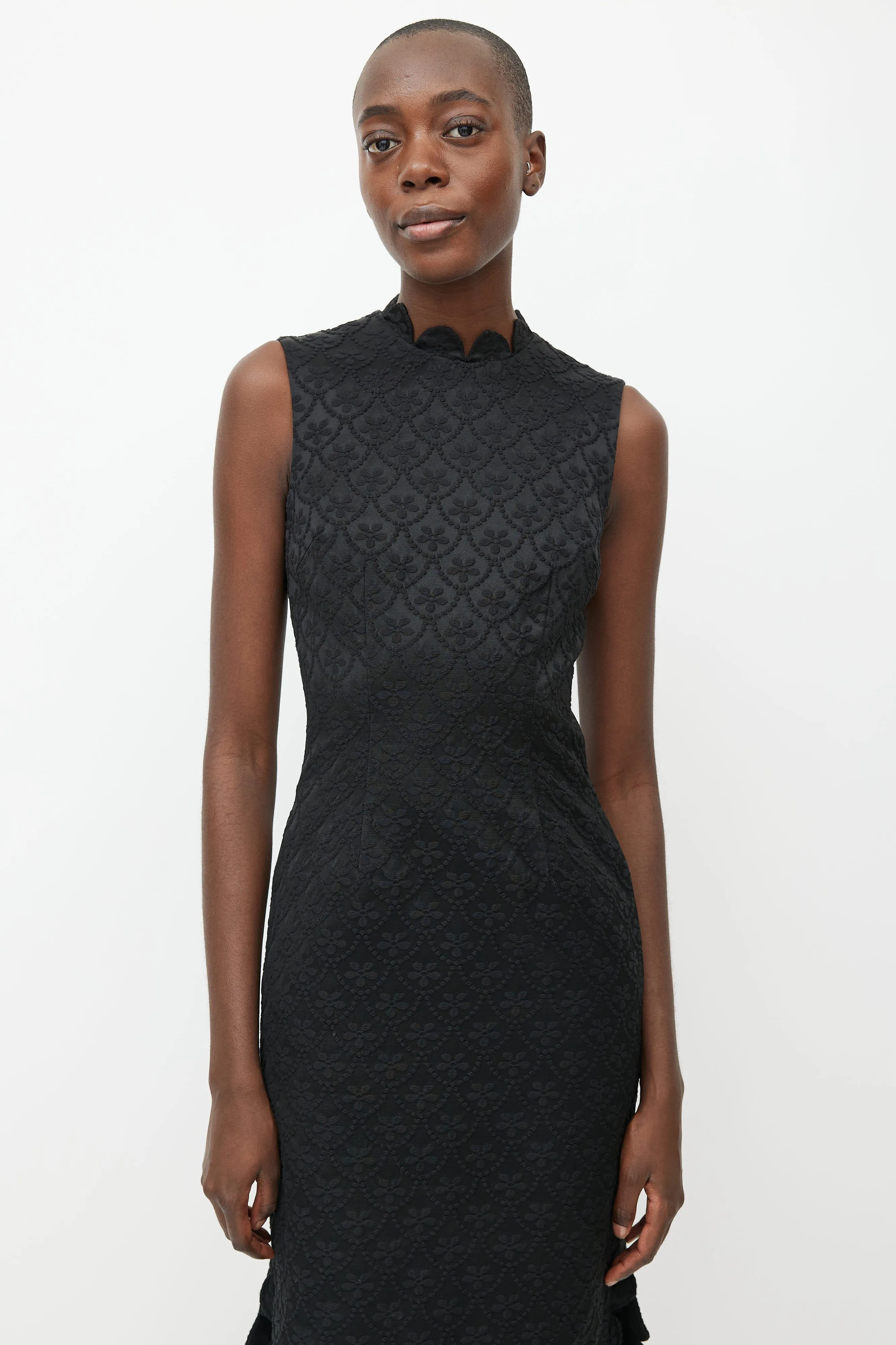 Black Floral Brocade Midi Dress
