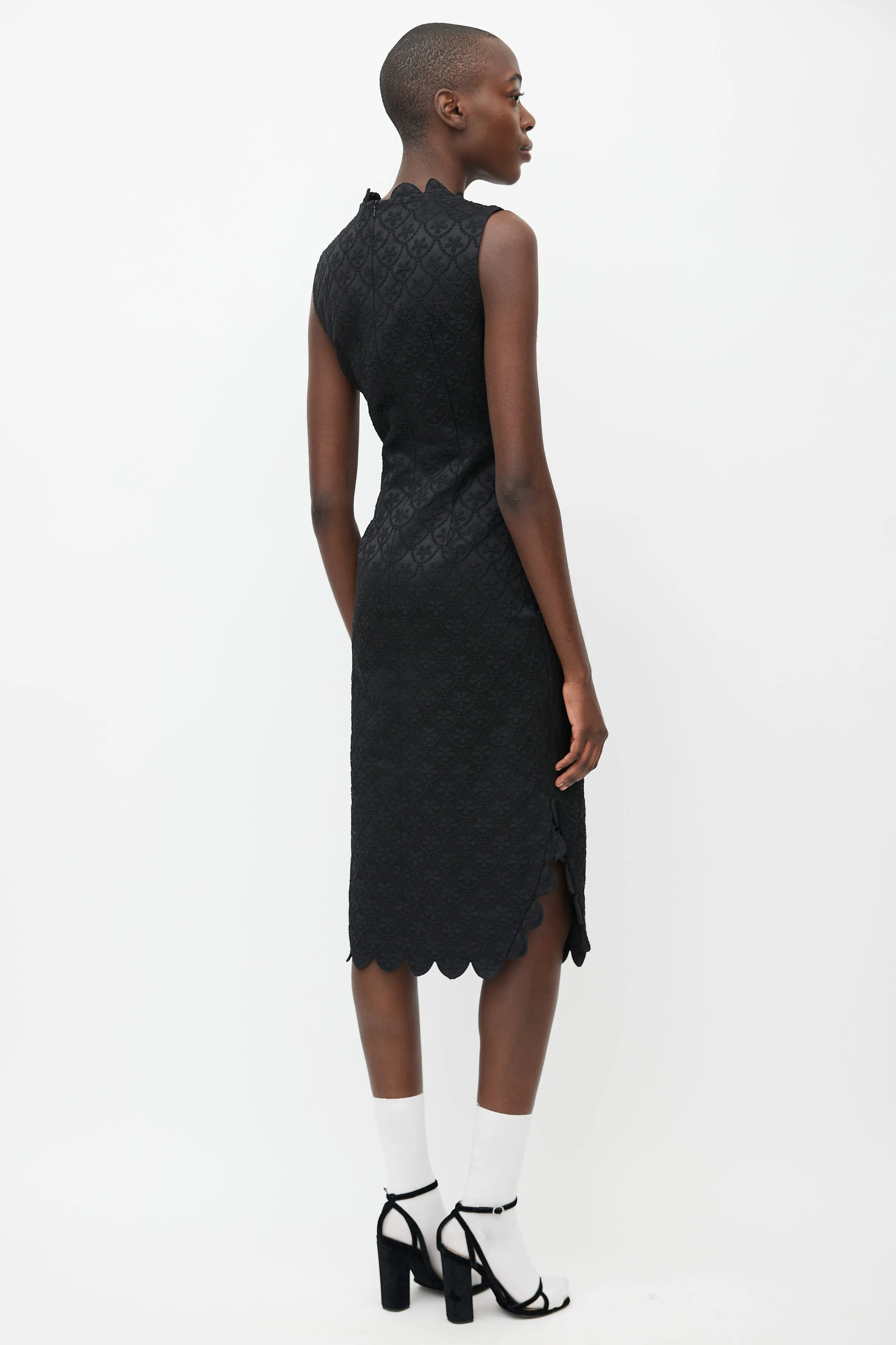 Black Floral Brocade Midi Dress