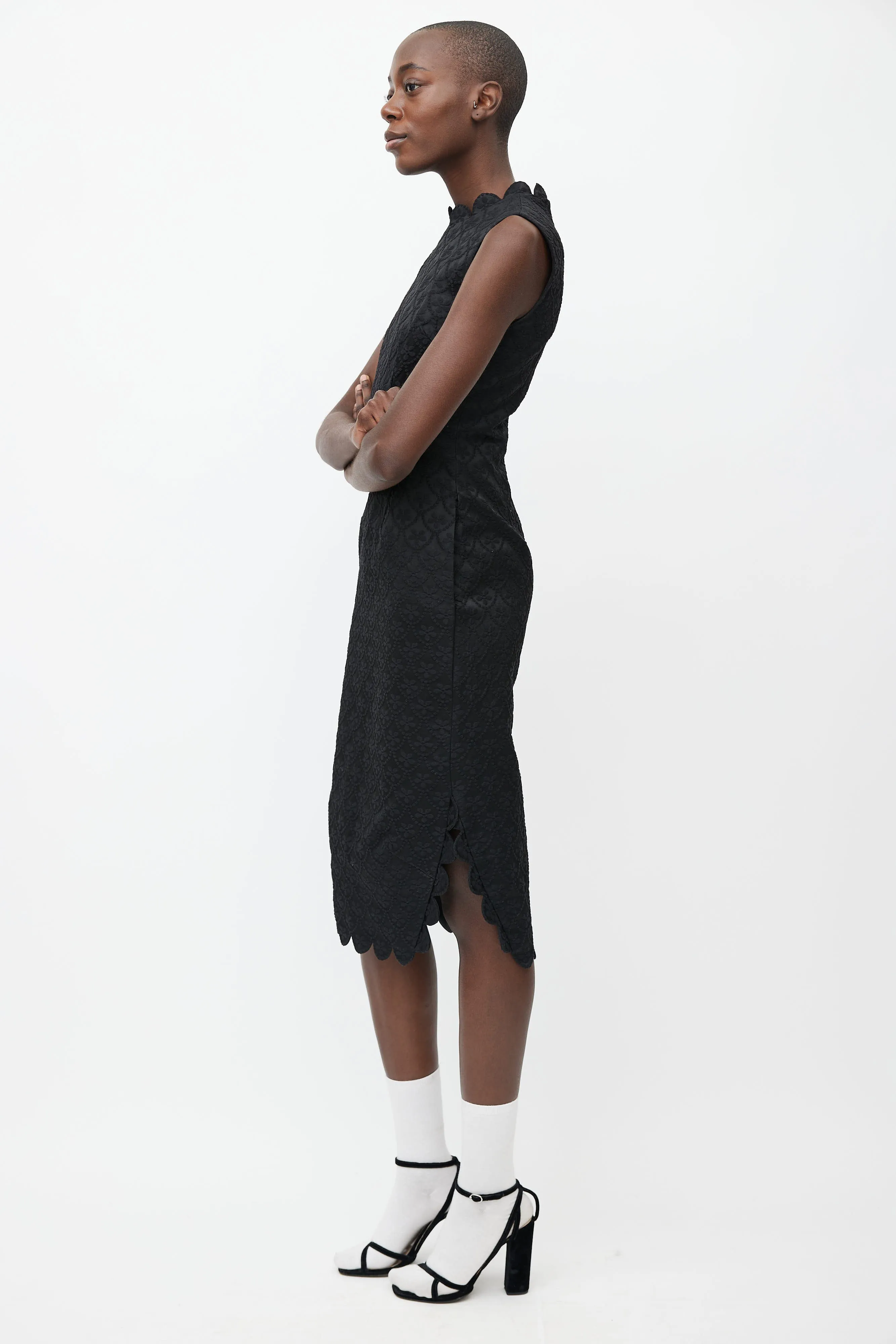 Black Floral Brocade Midi Dress