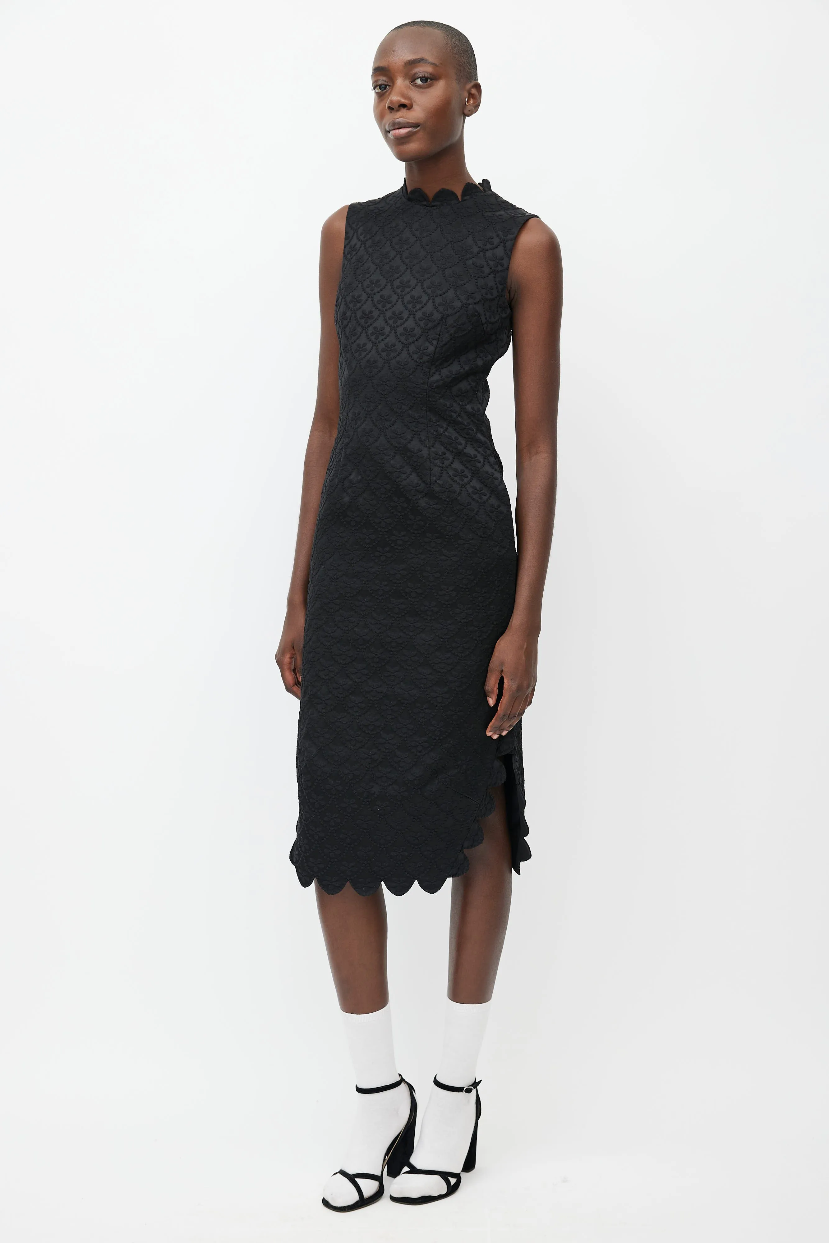 Black Floral Brocade Midi Dress