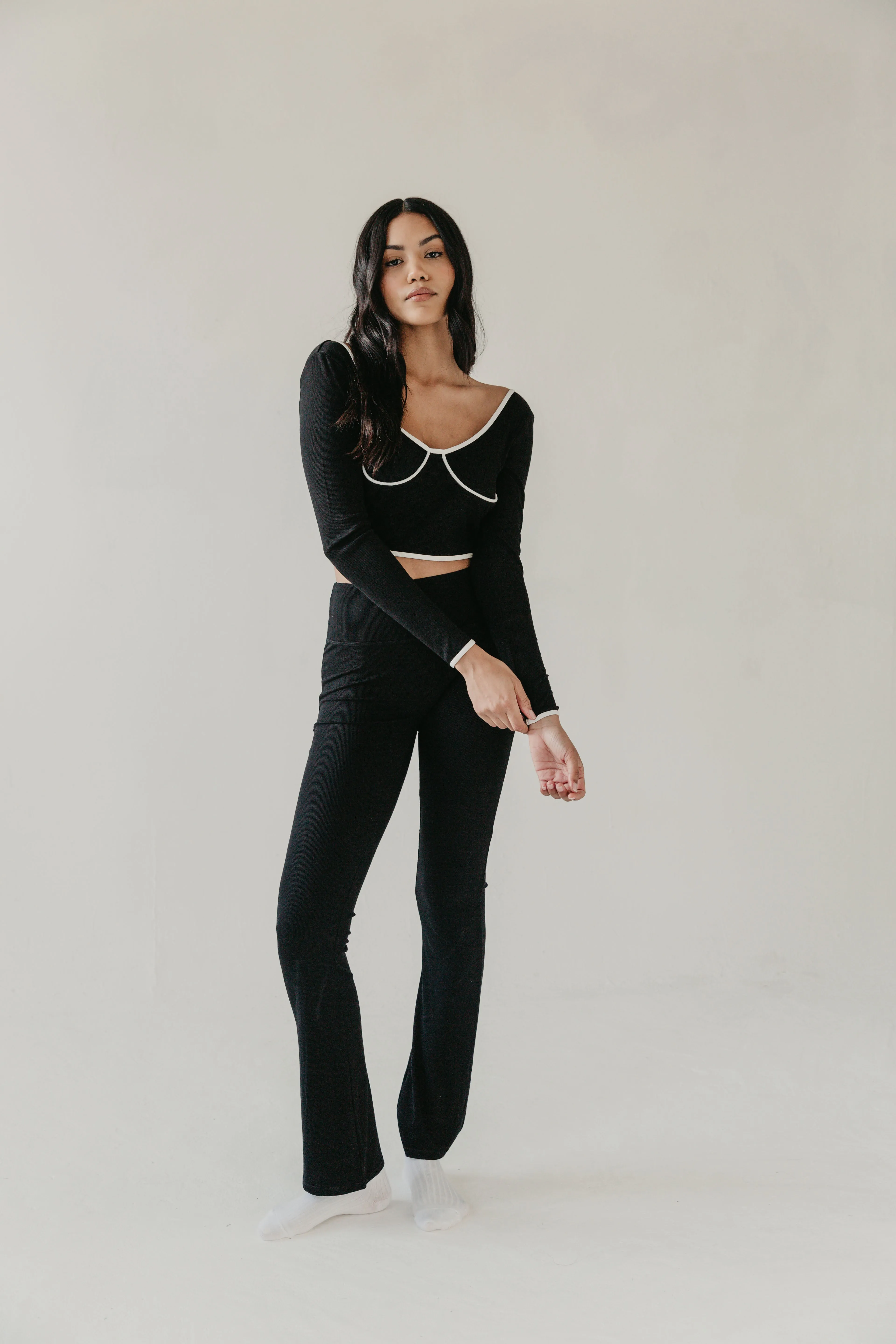 Black Ribbed Flare Trousers