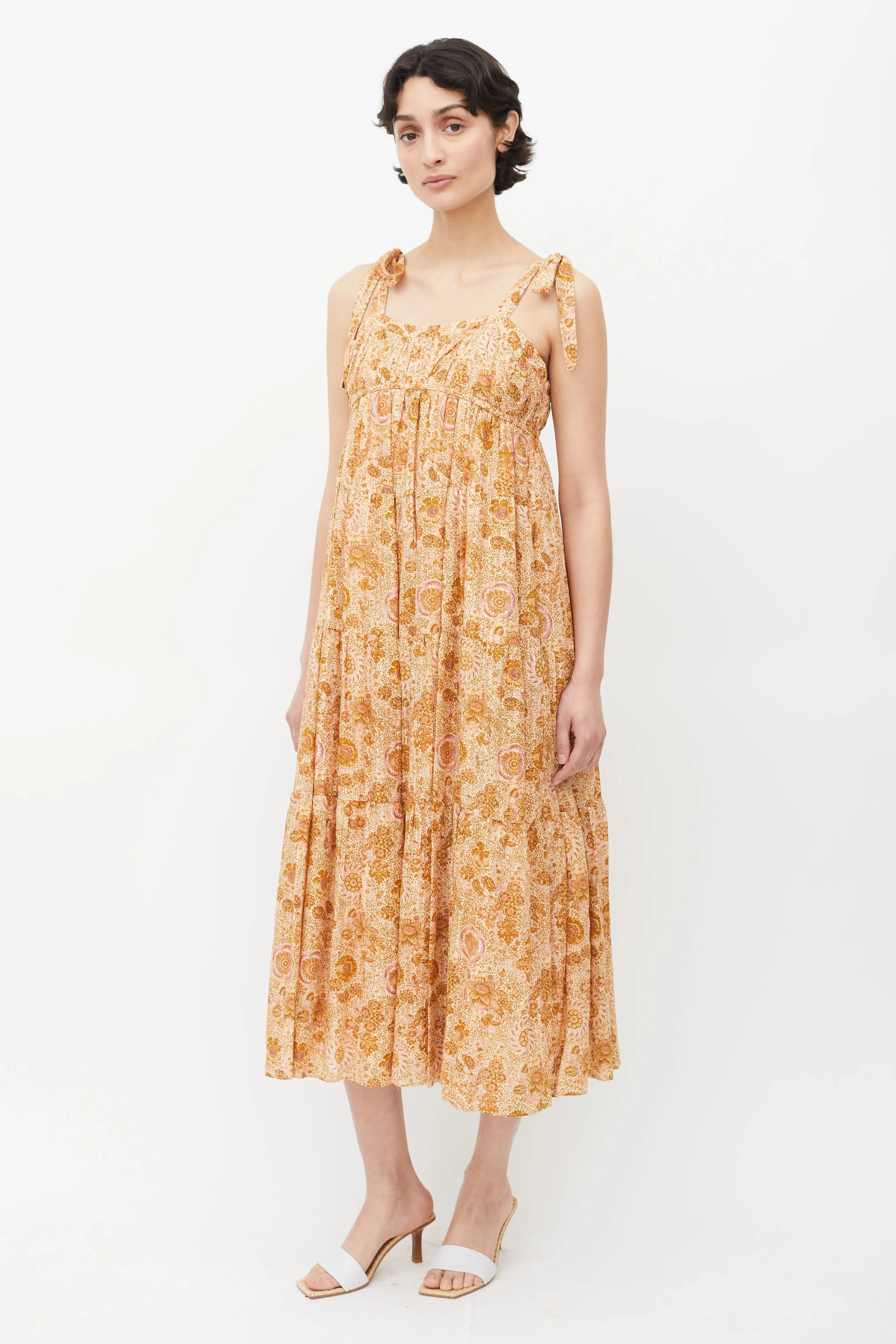 Brown & Multicolour Floral Midi Dress