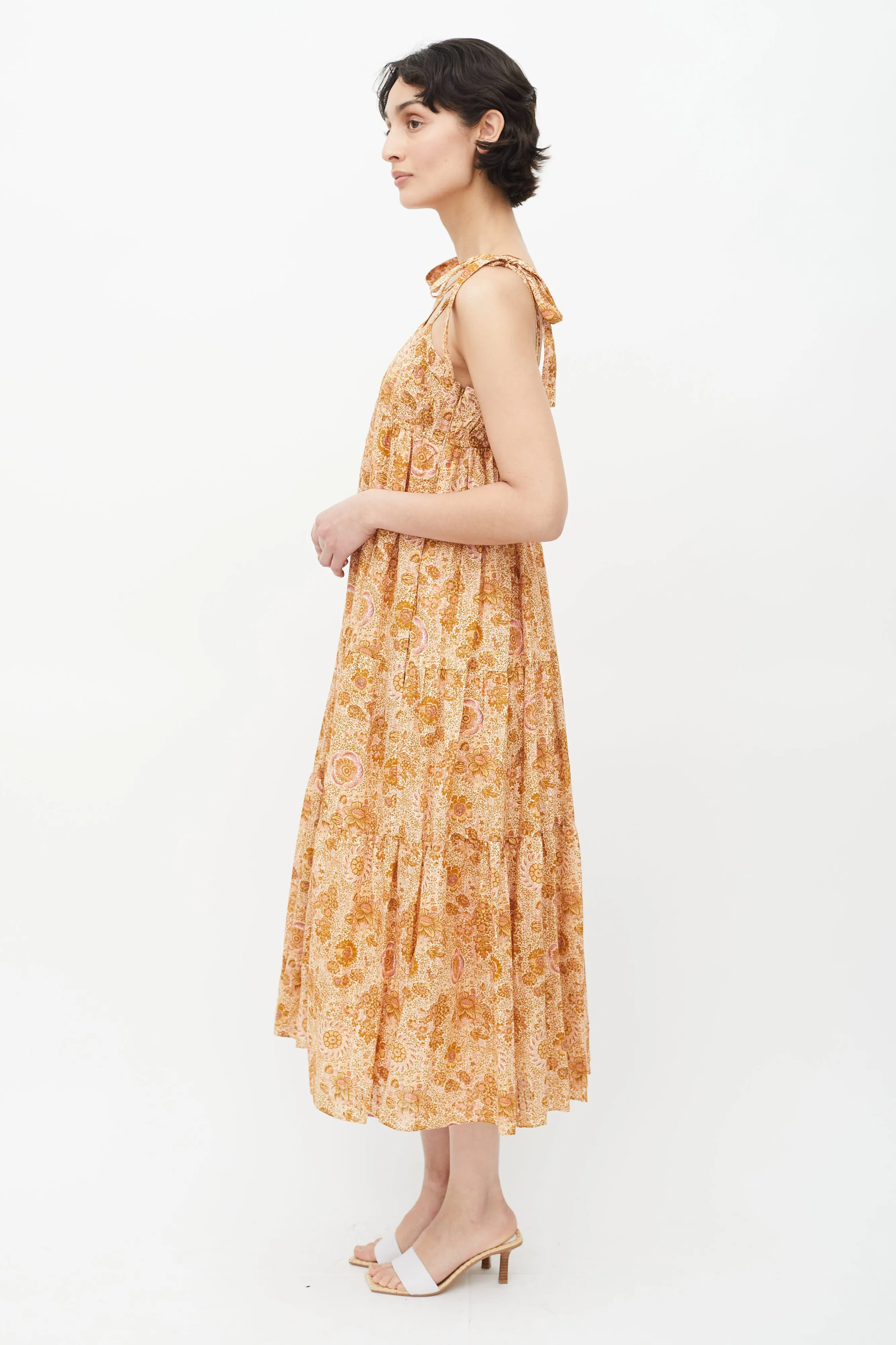 Brown & Multicolour Floral Midi Dress