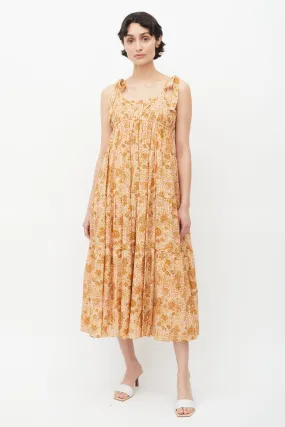Brown & Multicolour Floral Midi Dress