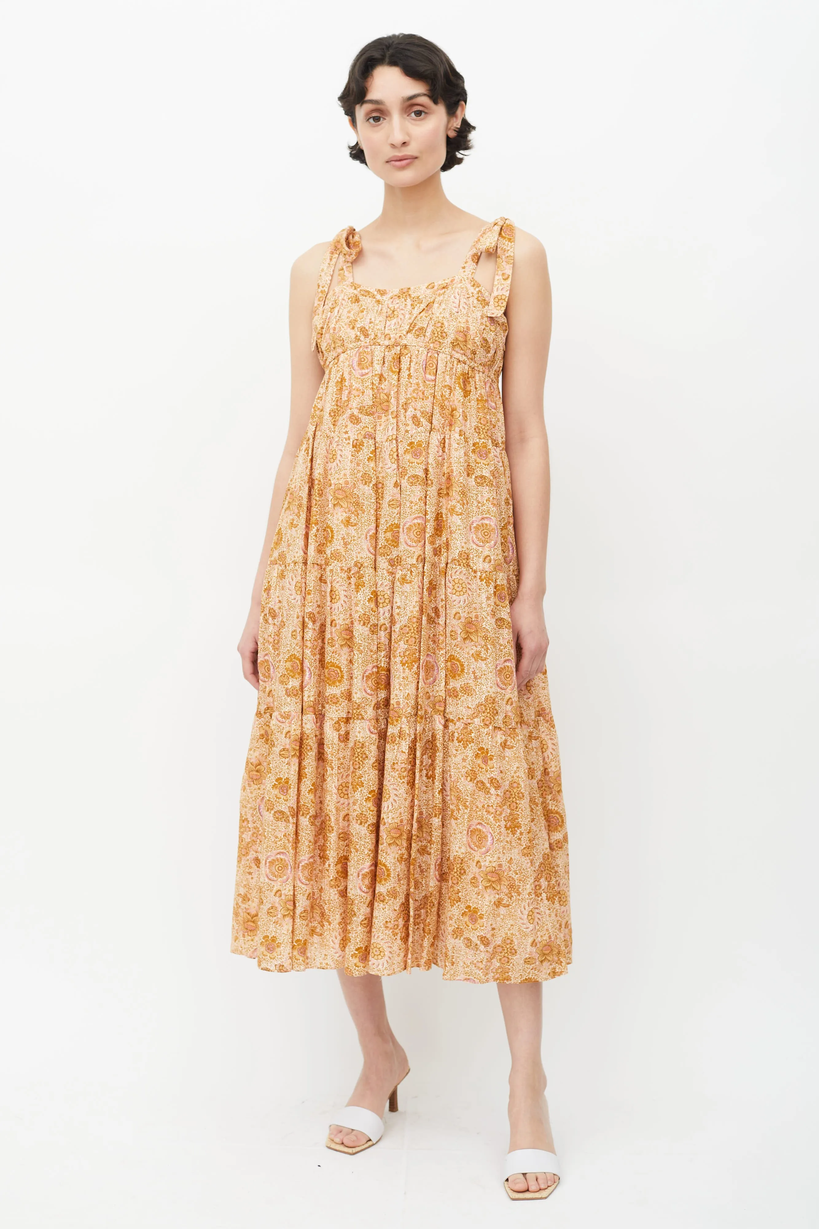 Brown & Multicolour Floral Midi Dress