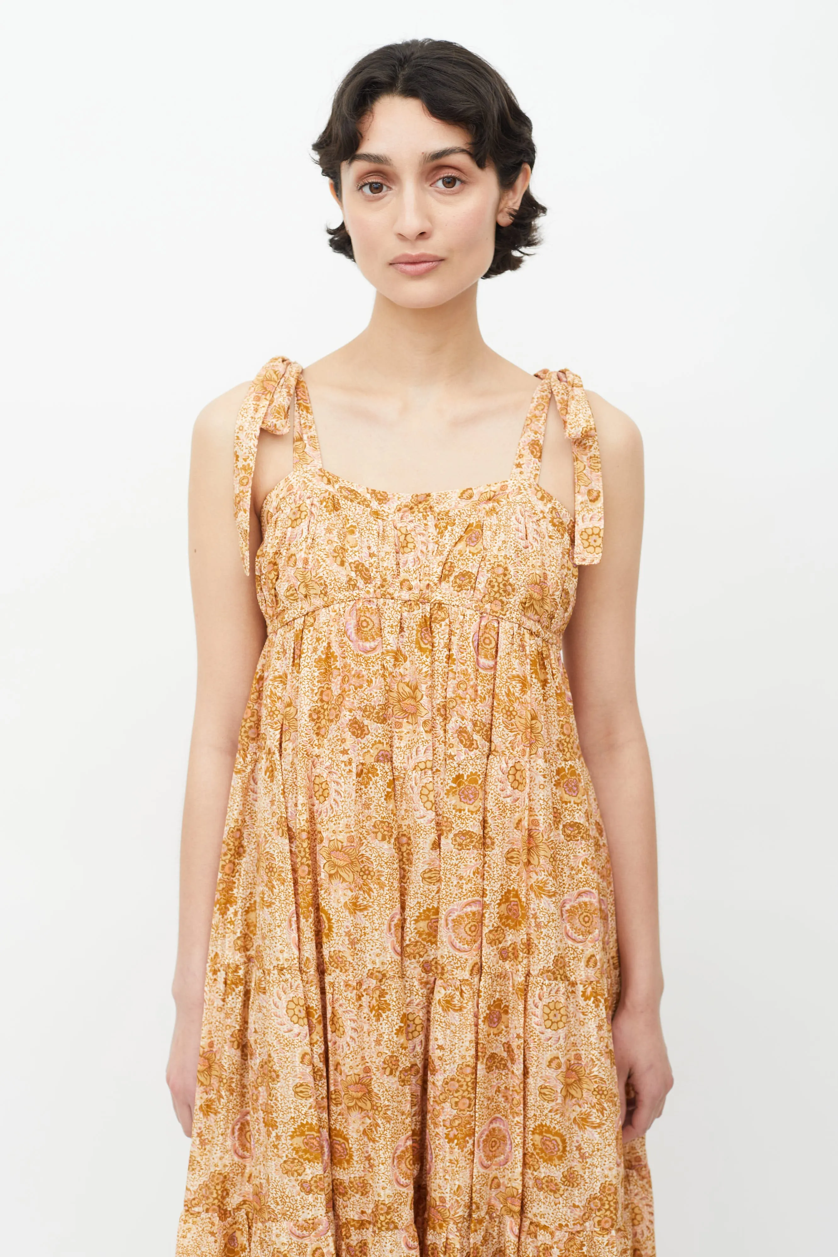 Brown & Multicolour Floral Midi Dress