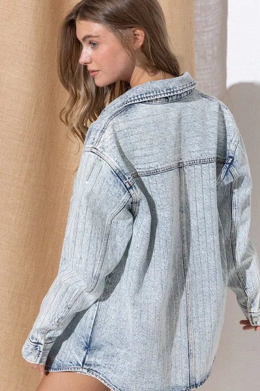 Causal Fashion Sparkling Stone Stripe Denim Shirt Jacket
