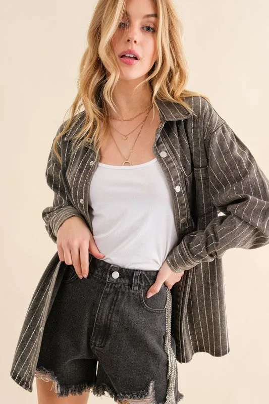 Causal Fashion Sparkling Stone Stripe Denim Shirt Jacket