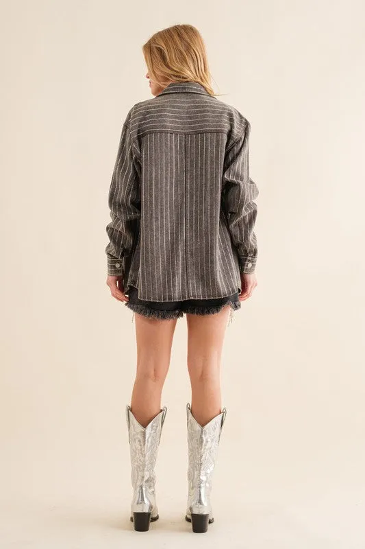 Causal Fashion Sparkling Stone Stripe Denim Shirt Jacket