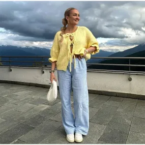 Chic Lace-Up Knitted Sweater | Round Neck Half-Sleeve Cardigan for Women 🧶 | Stylish All-Season Outwear