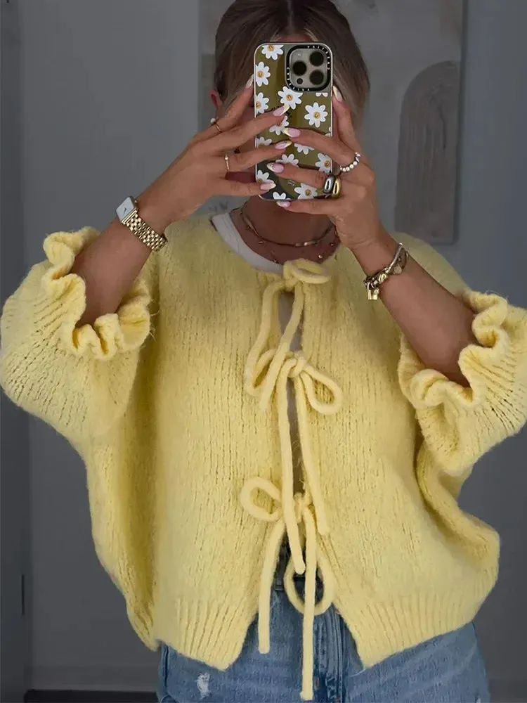 Chic Lace-Up Knitted Sweater | Round Neck Half-Sleeve Cardigan for Women 🧶 | Stylish All-Season Outwear