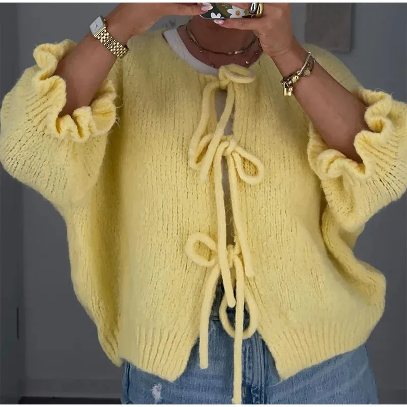 Chic Lace-Up Knitted Sweater | Round Neck Half-Sleeve Cardigan for Women 🧶 | Stylish All-Season Outwear