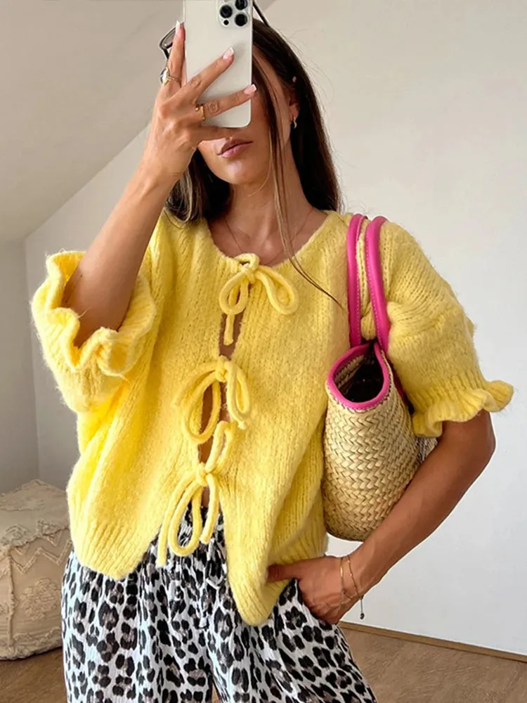 Chic Lace-Up Knitted Sweater | Round Neck Half-Sleeve Cardigan for Women 🧶 | Stylish All-Season Outwear
