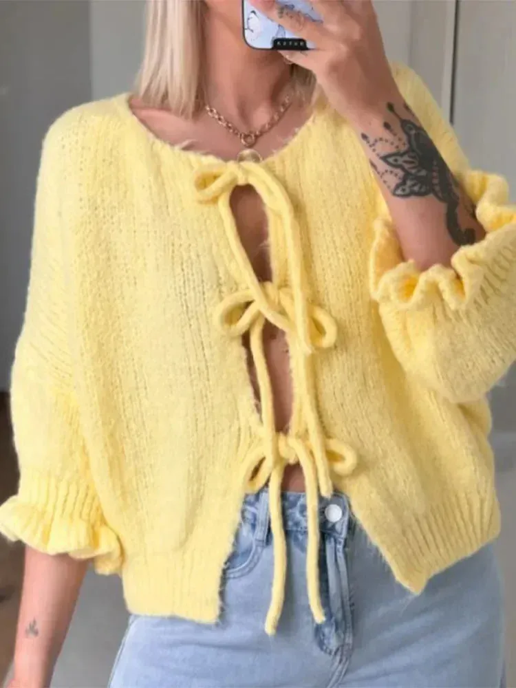 Chic Lace-Up Knitted Sweater | Round Neck Half-Sleeve Cardigan for Women 🧶 | Stylish All-Season Outwear