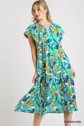 Emerald Floral Mix V-neck Midi Dress