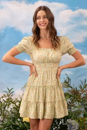 FLORAL SQUARE NECK PUFF SLEEVE TIERED MIDI DRESS