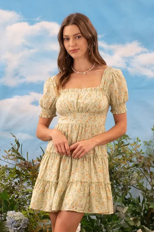 FLORAL SQUARE NECK PUFF SLEEVE TIERED MIDI DRESS