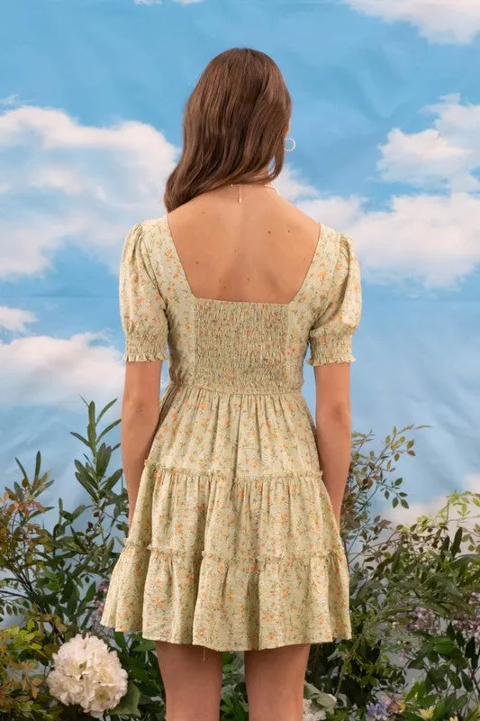 FLORAL SQUARE NECK PUFF SLEEVE TIERED MIDI DRESS