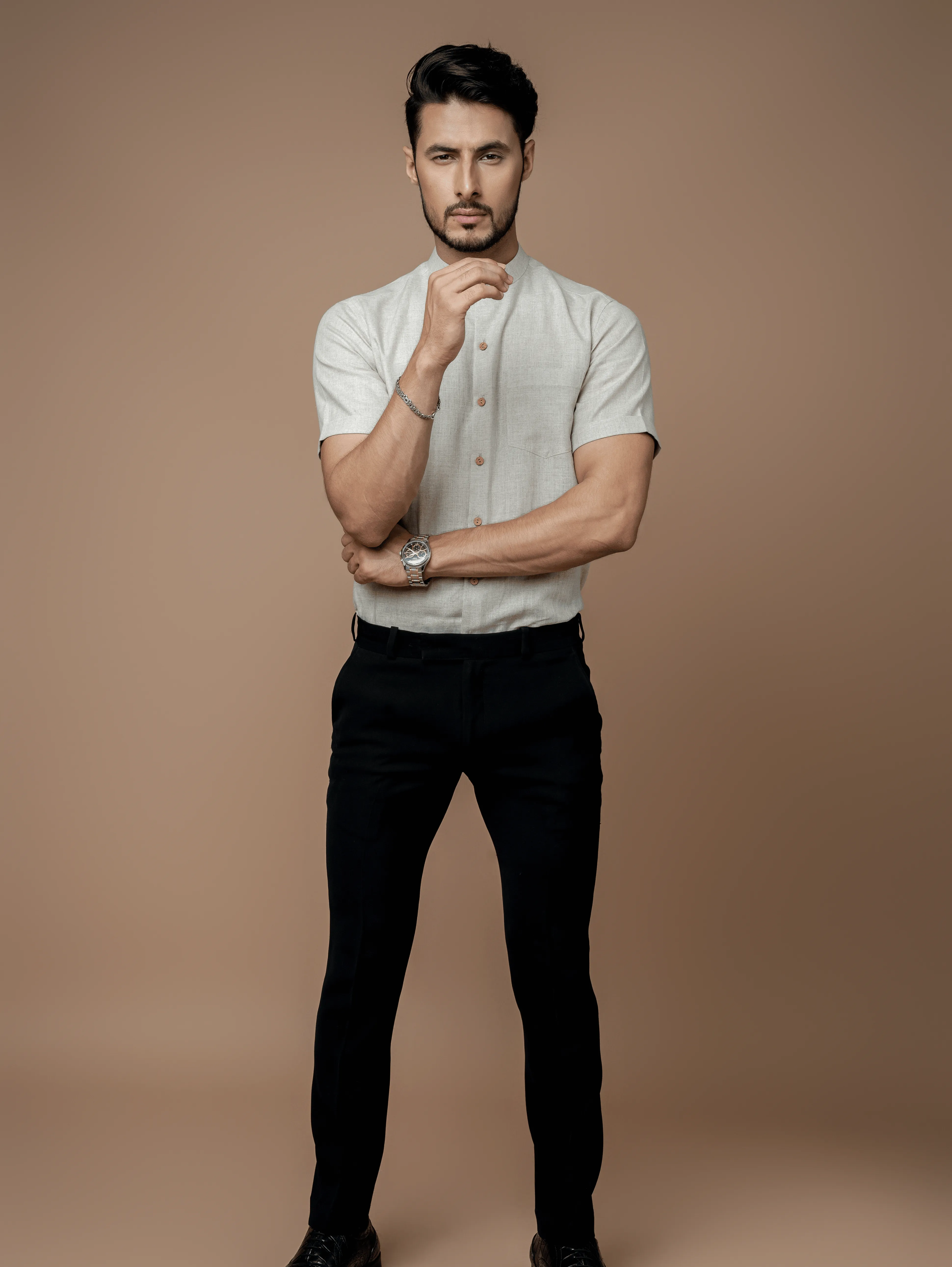 Formal Half Sleeves Linen Shirt With Mandarin Collar