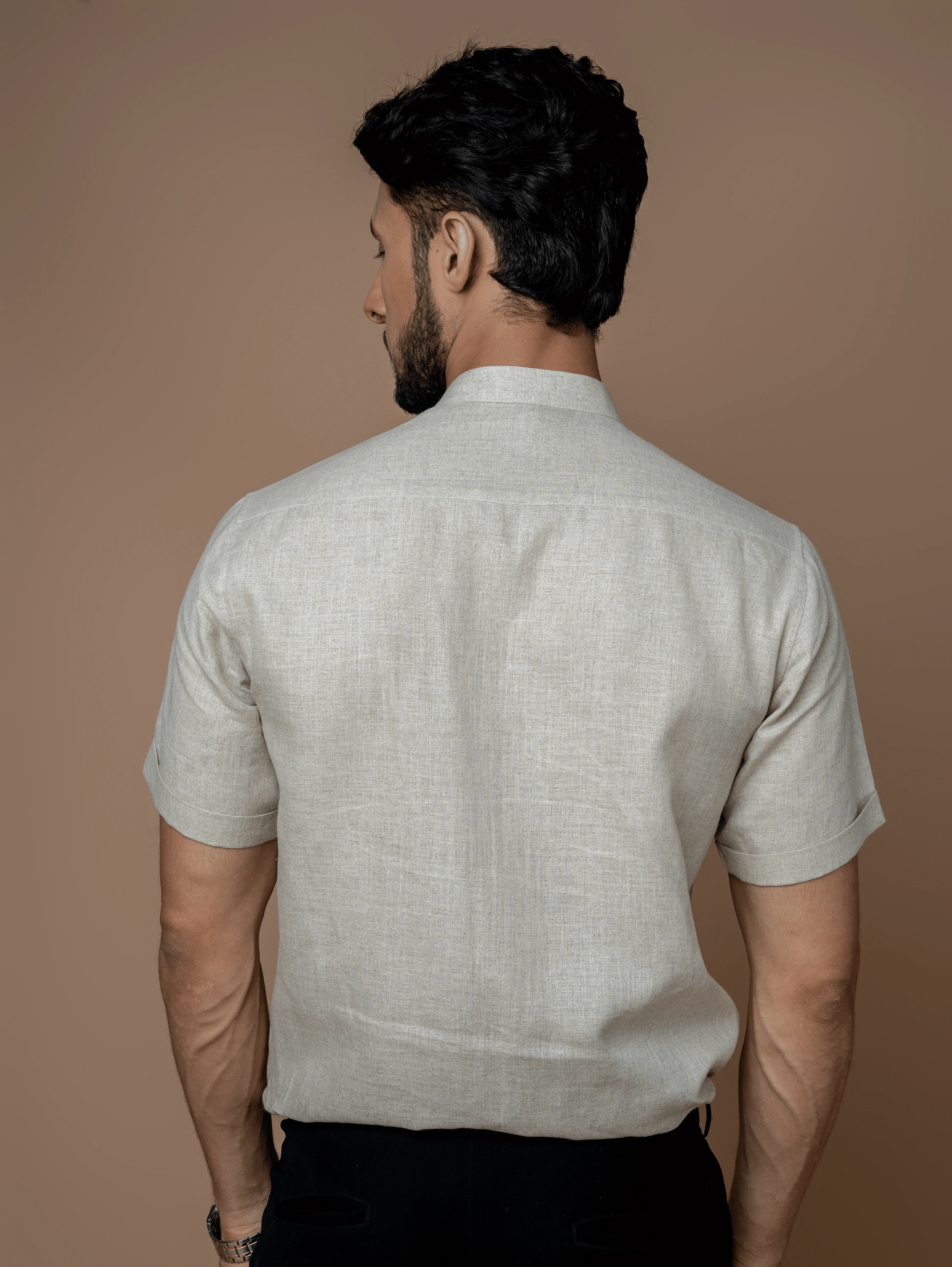 Formal Half Sleeves Linen Shirt With Mandarin Collar
