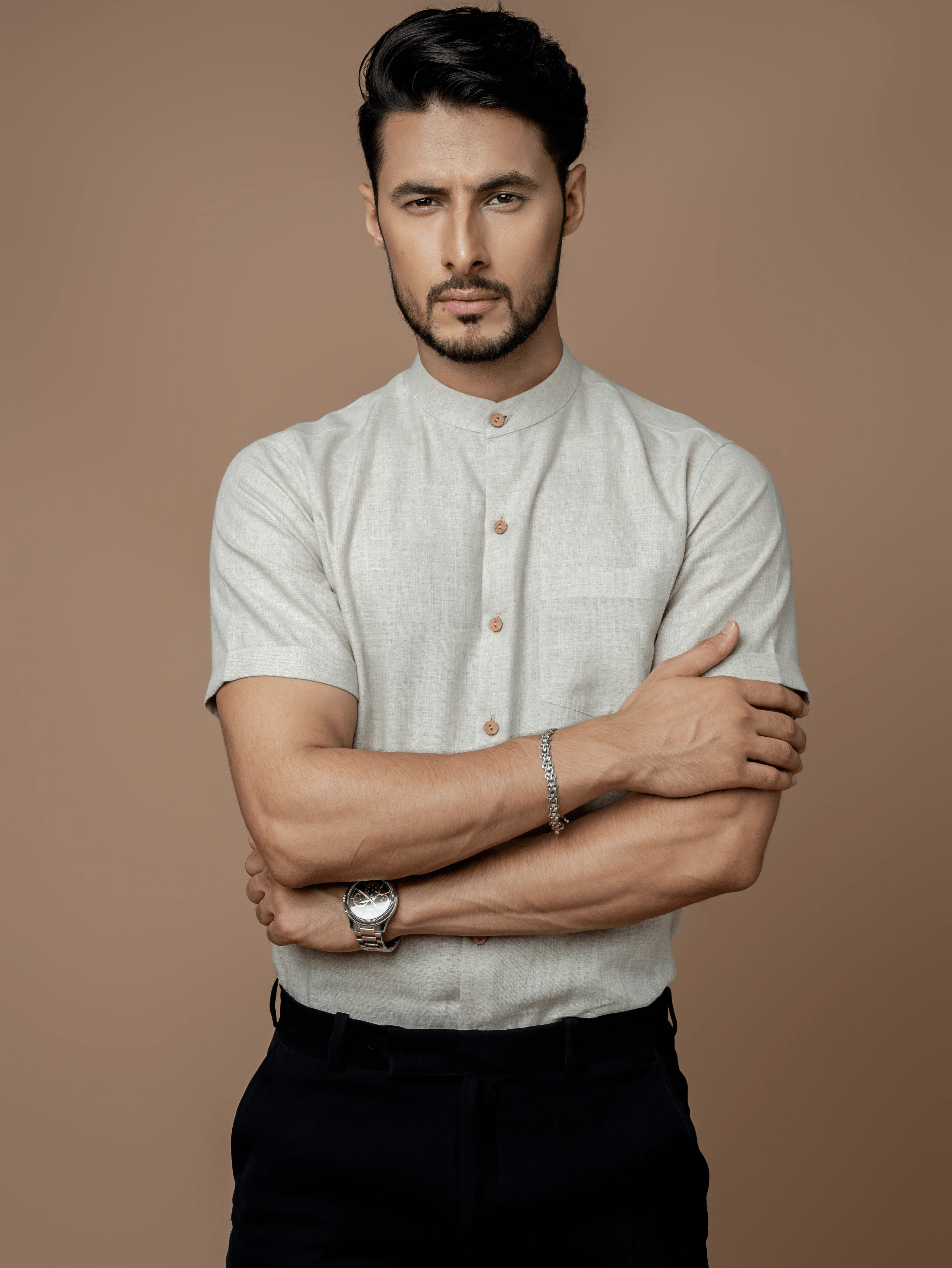 Formal Half Sleeves Linen Shirt With Mandarin Collar