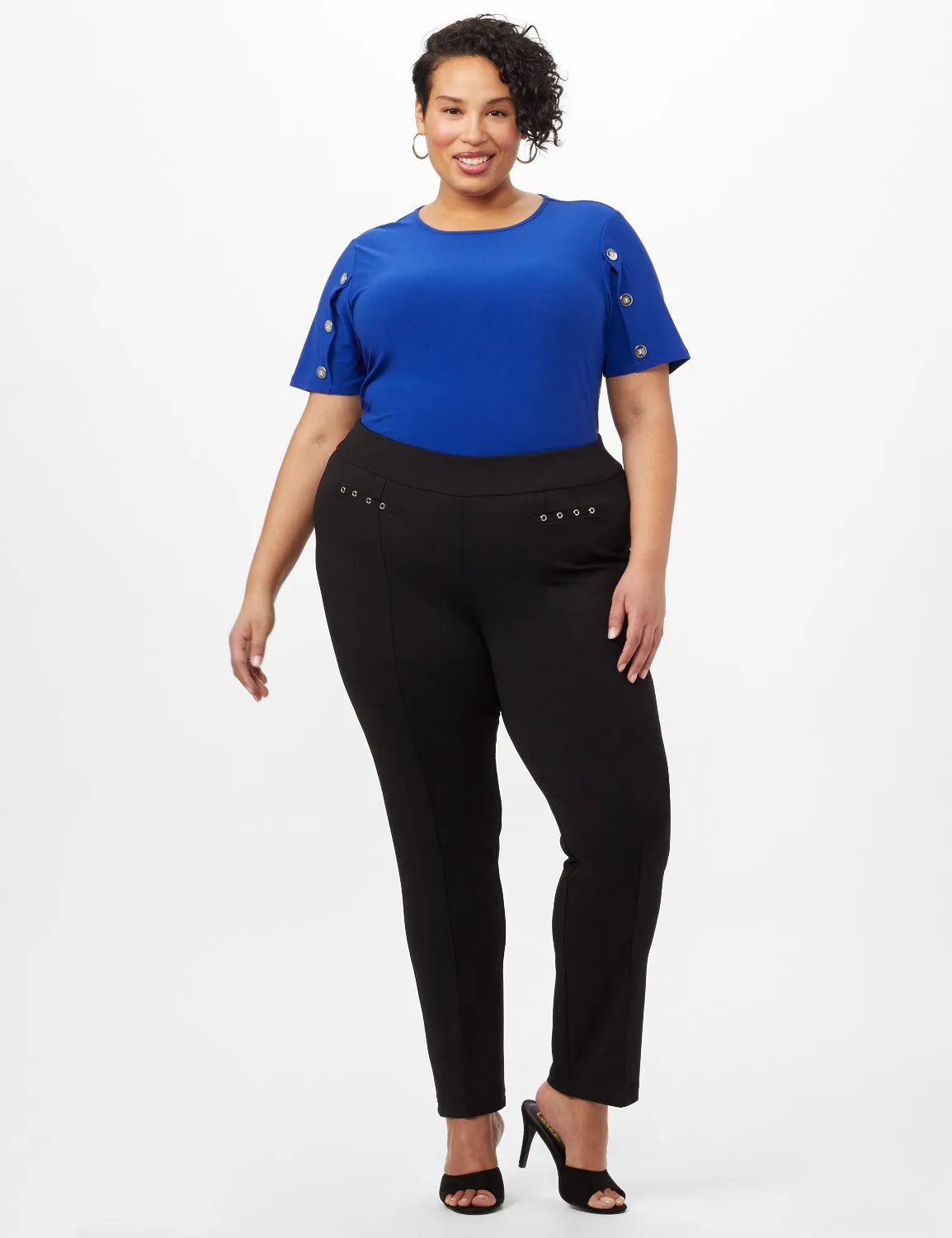 Grommet Trim Faux Pocket Pull-On Pants