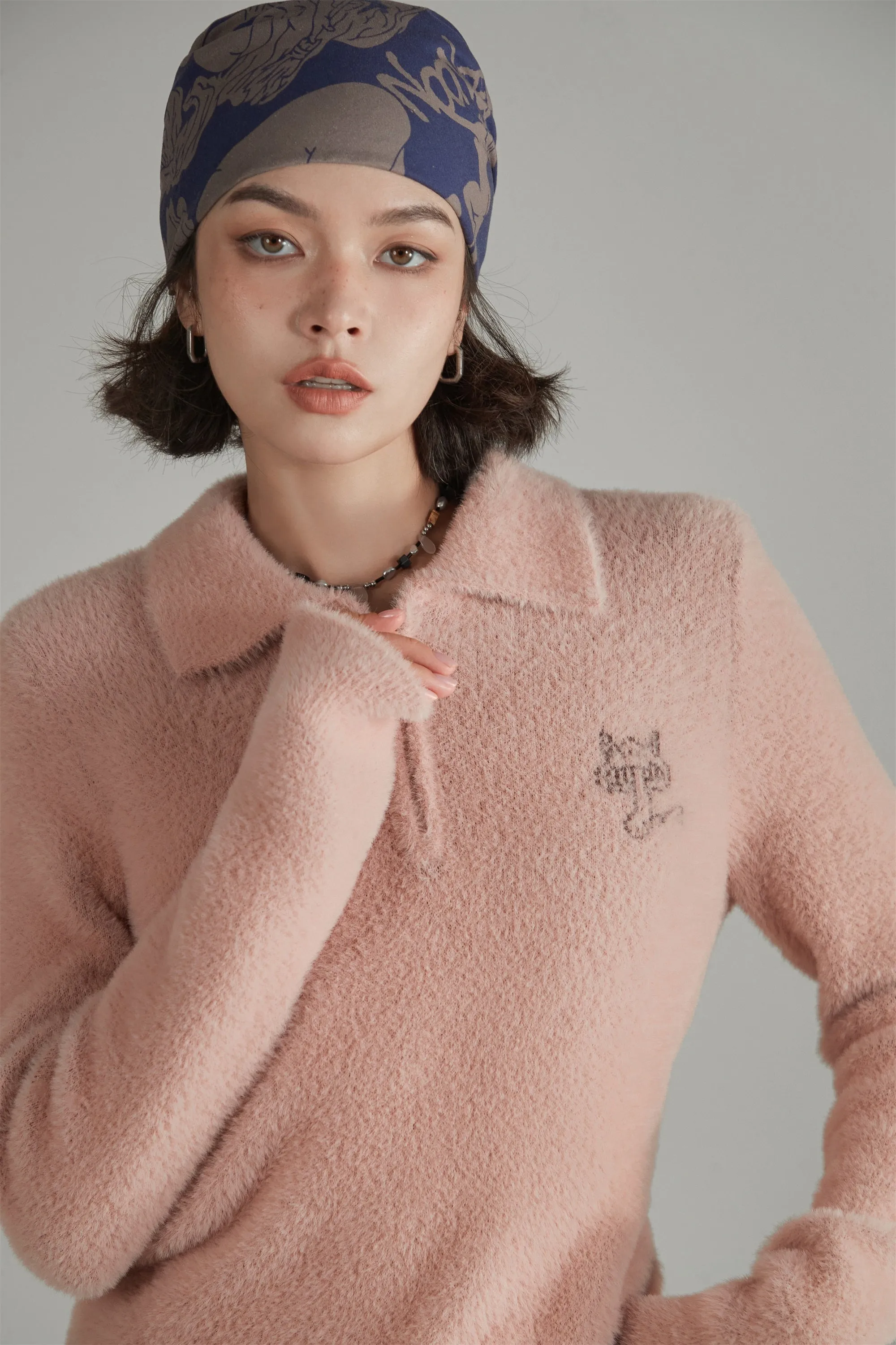 Mushroom Half Zip-Up Knit Sweater