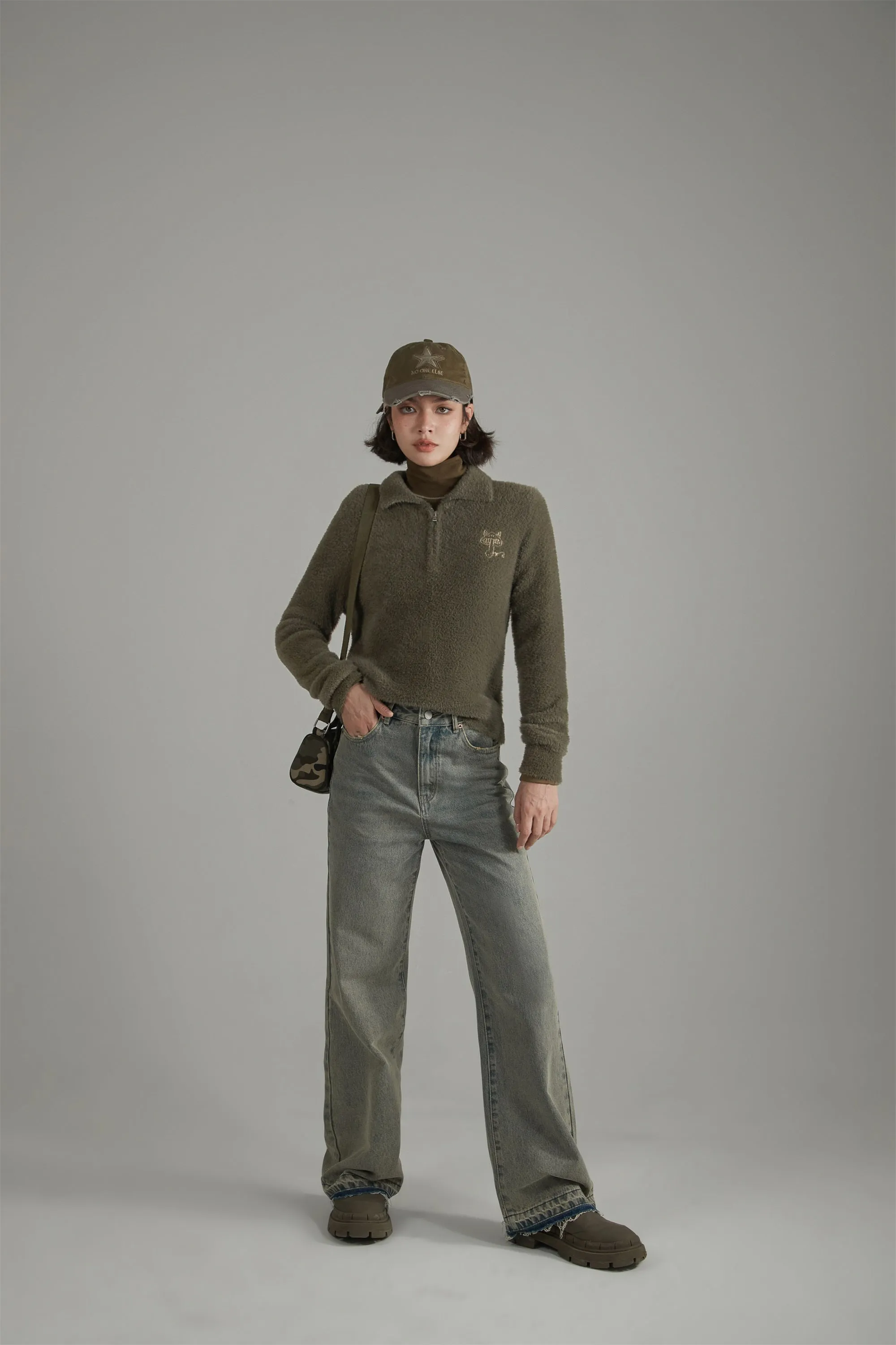 Mushroom Half Zip-Up Knit Sweater