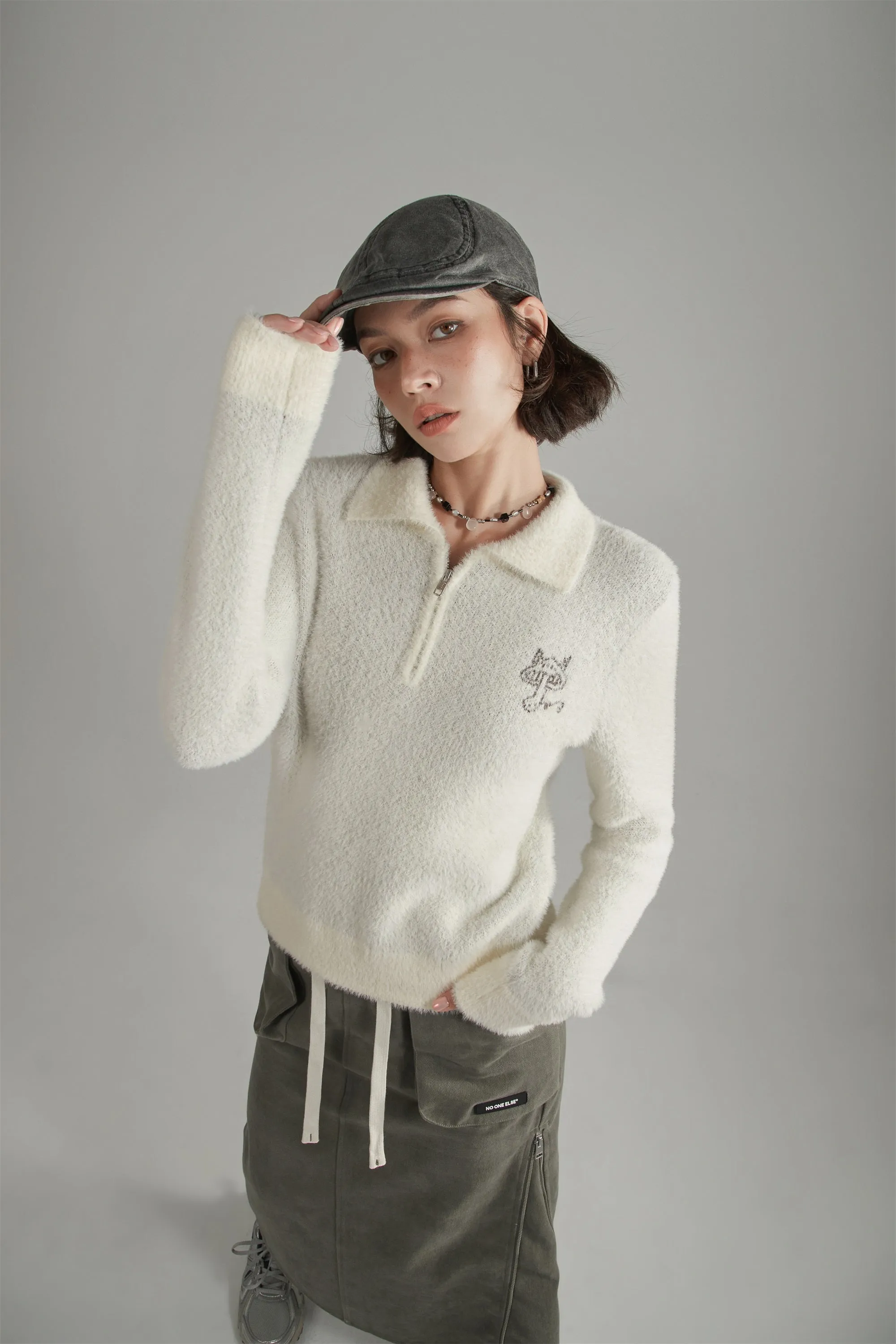 Mushroom Half Zip-Up Knit Sweater