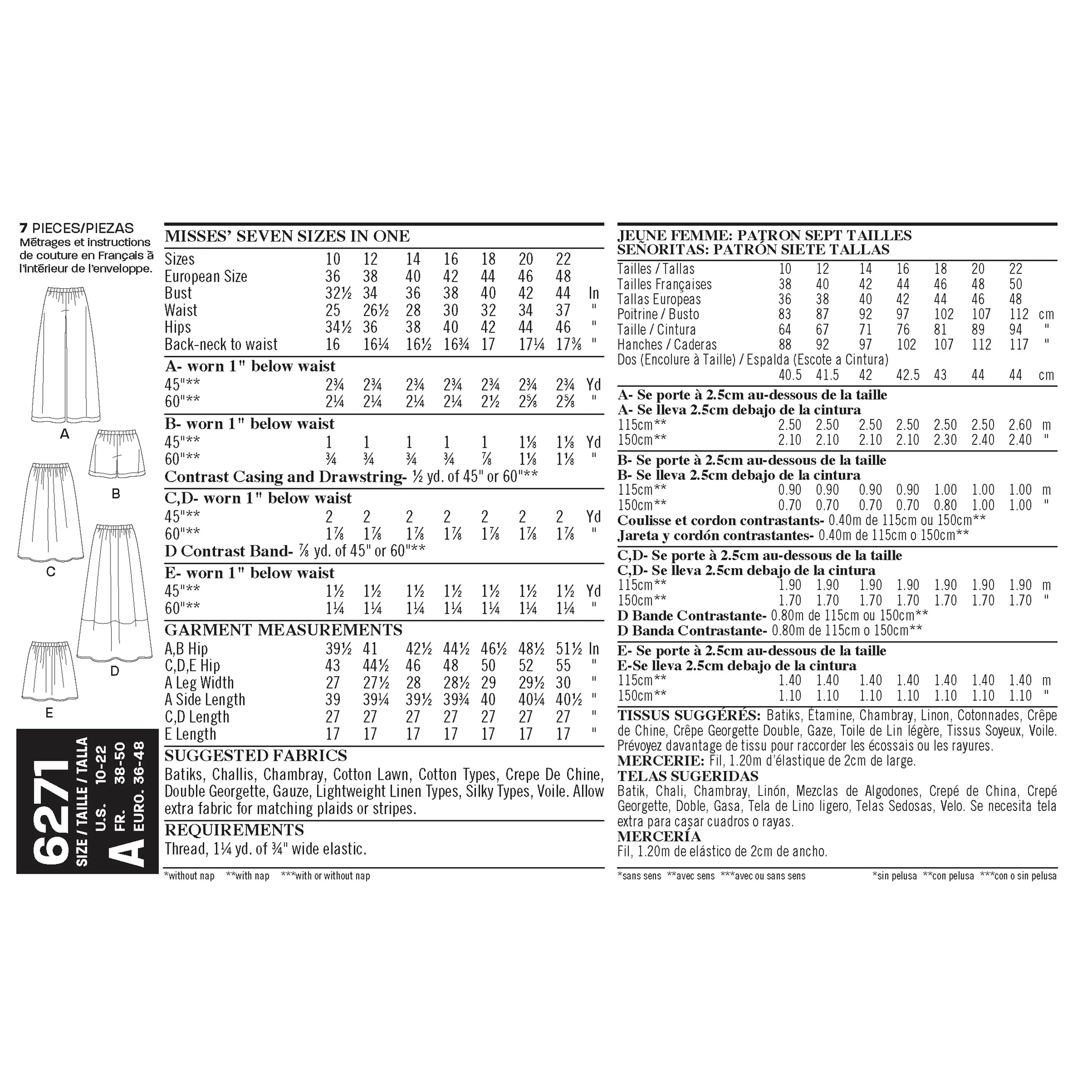 New Look Sewing Pattern 6271 - Misses' Skirt in Three Lengths and Pants or Shorts