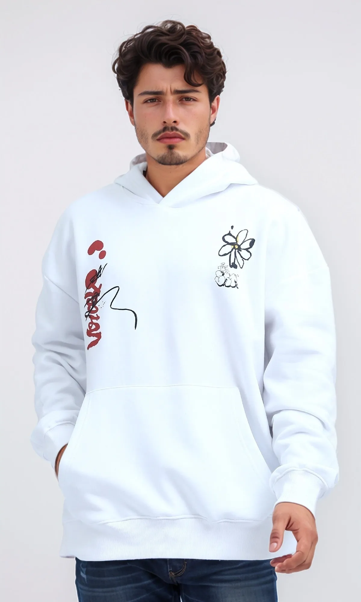 O202203 - Slip On Hoodie with Front & Back Print - White