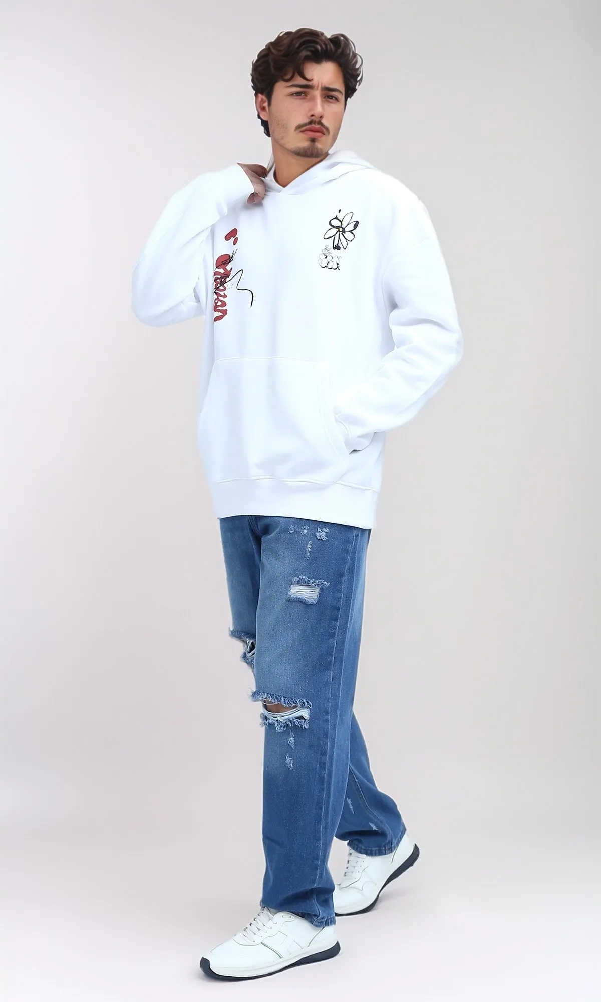 O202203 - Slip On Hoodie with Front & Back Print - White