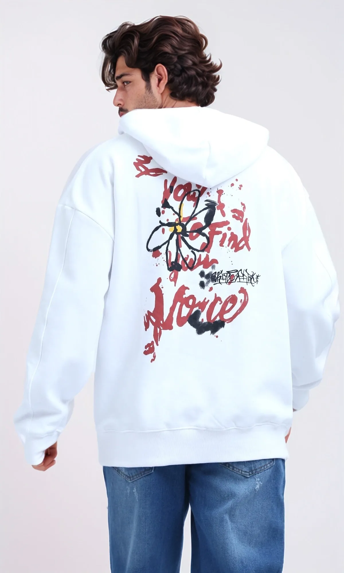 O202203 - Slip On Hoodie with Front & Back Print - White