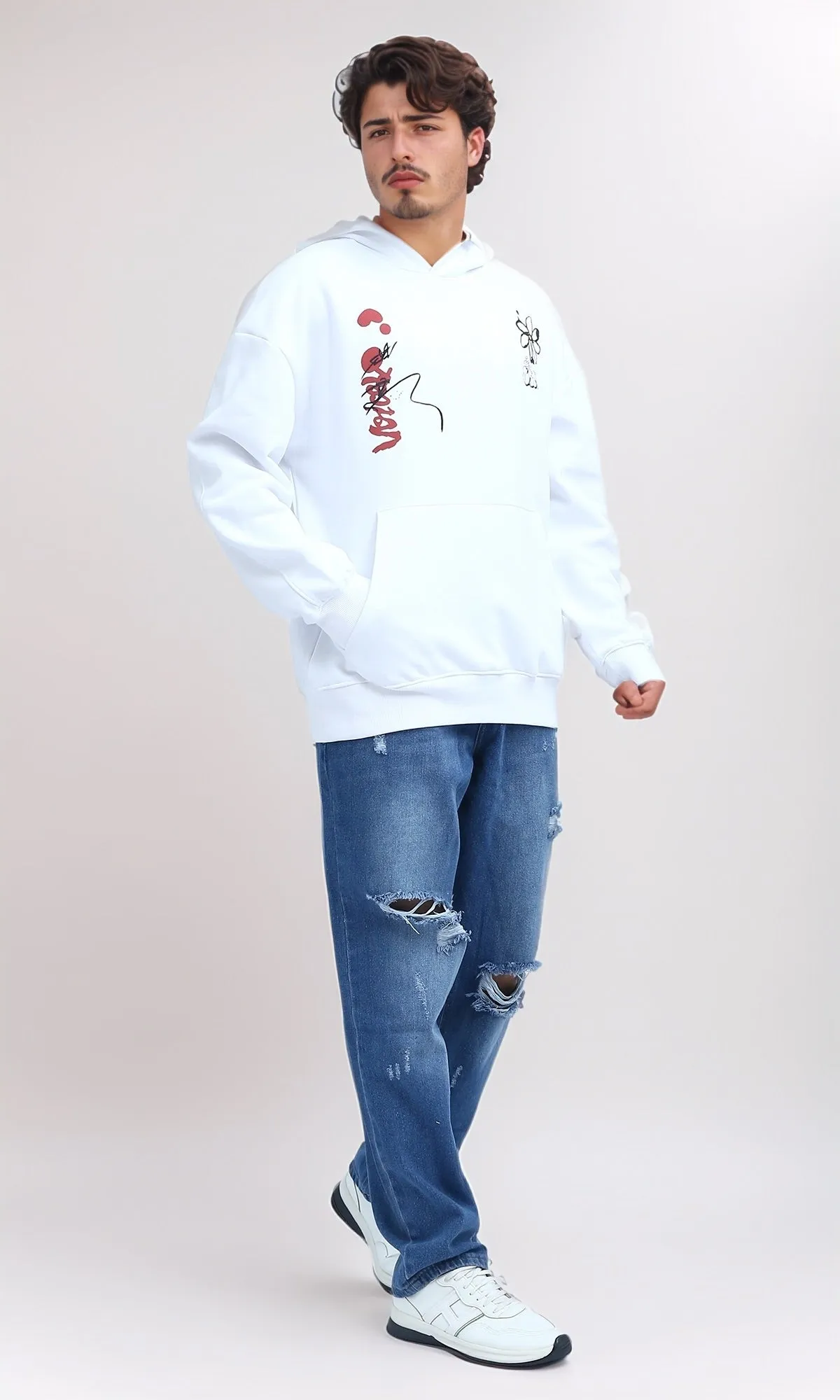 O202203 - Slip On Hoodie with Front & Back Print - White