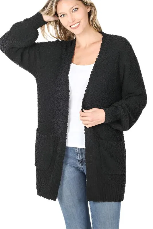 Puff Sleeve Popcorn Cardigan With Pockets