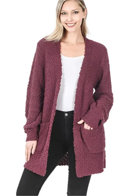 Puff Sleeve Popcorn Cardigan With Pockets