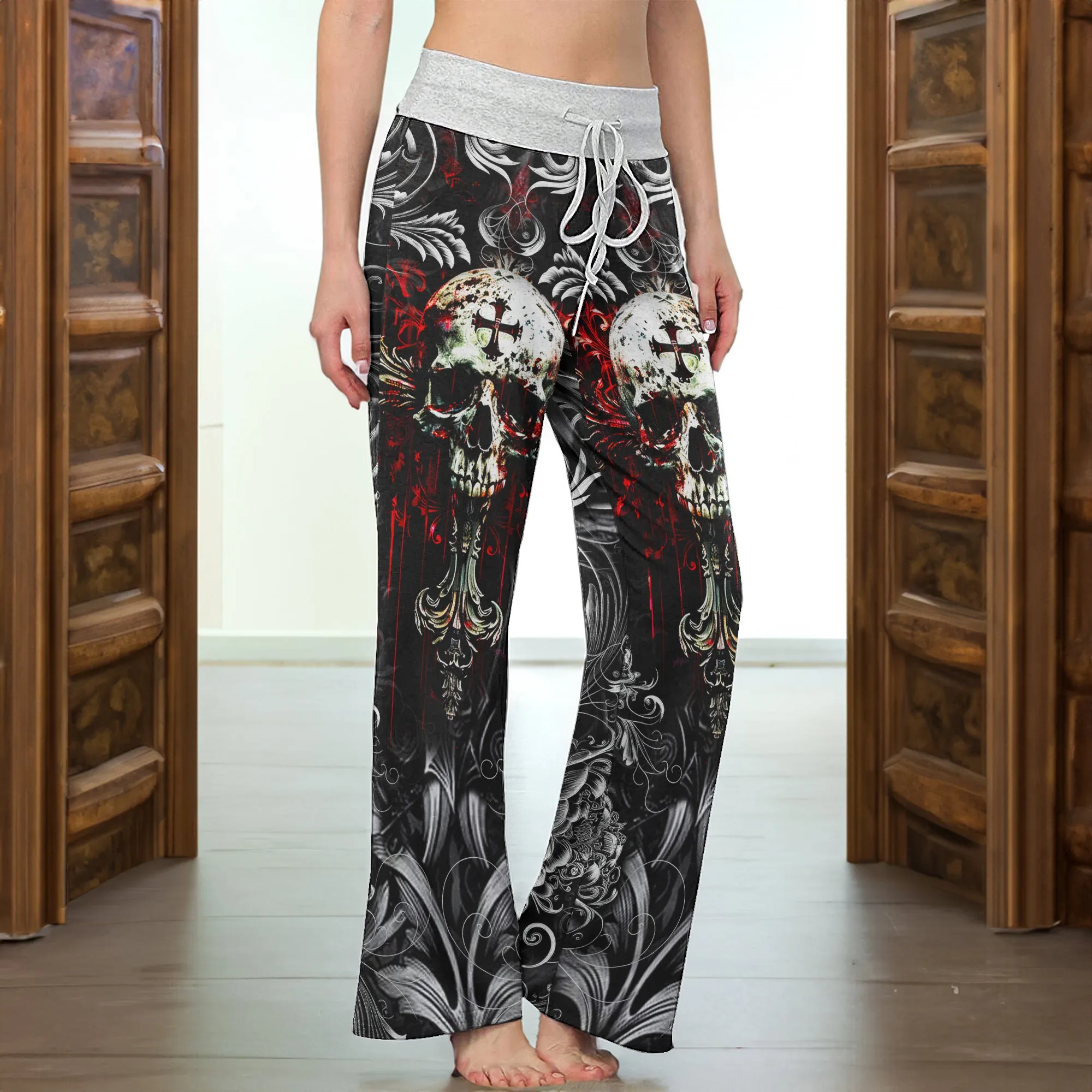 Red Cross Skull Art Women's High-waisted Wide Leg Pants