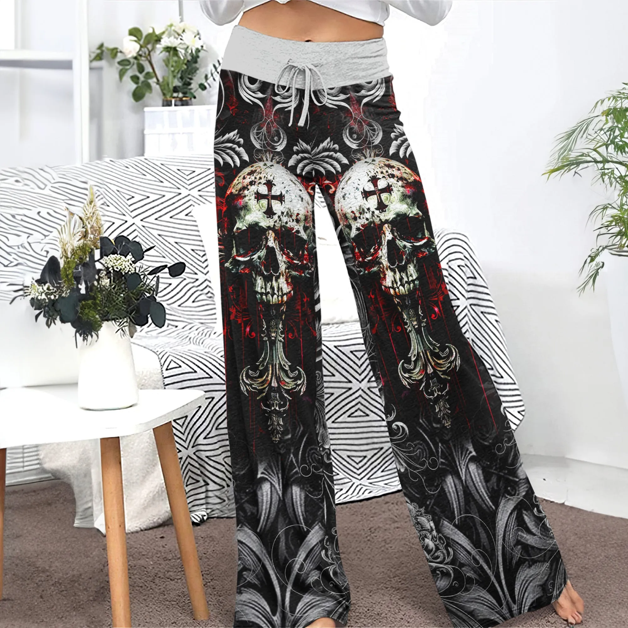 Red Cross Skull Art Women's High-waisted Wide Leg Pants